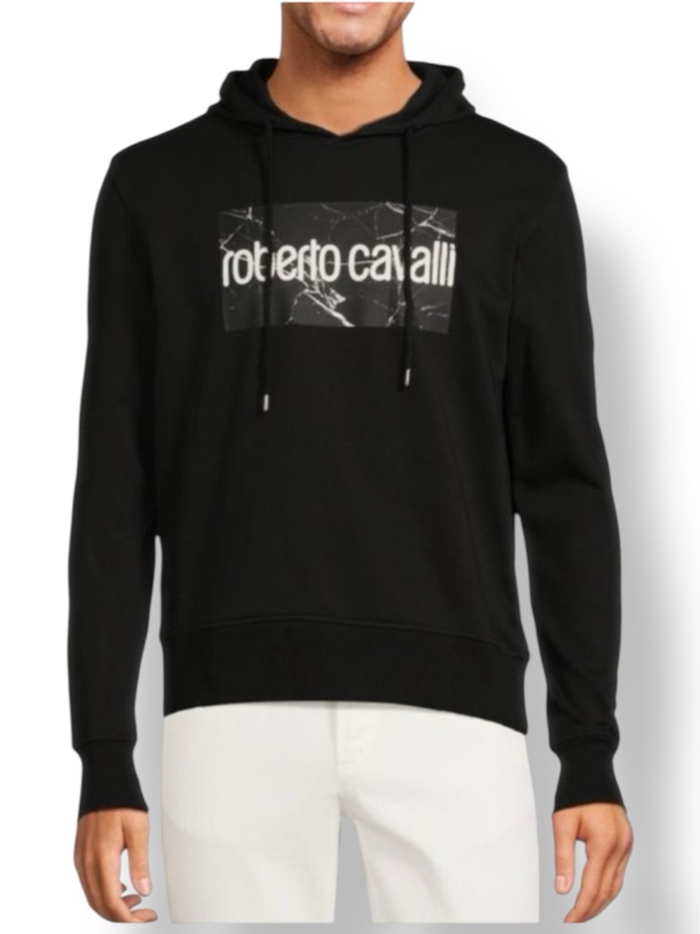 ROBERTO CAVALLI  Graphic Print Logo Front Cotton Blend Hoodie In Black Size. L